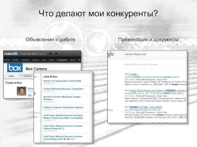 Что делают мои конкуренты? Объявления о работе Презентации и документы