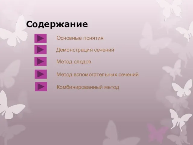 Содержание Основные понятия Демонстрация сечений Метод следов Метод вспомогательных сечений Комбинированный метод