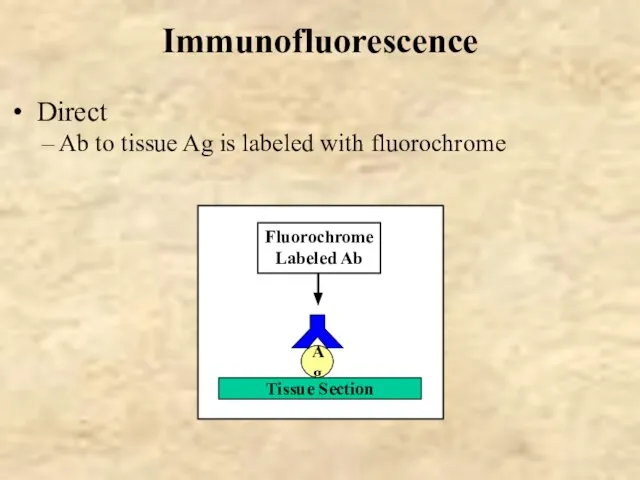 Immunofluorescence Direct Ab to tissue Ag is labeled with fluorochrome