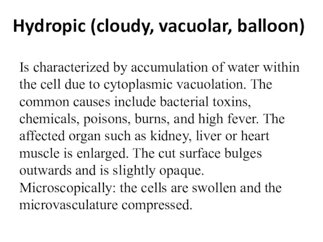 Hydropic (cloudy, vacuolar, balloon) Is characterized by accumulation of water within the
