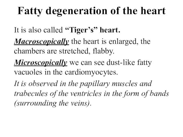 Fatty degeneration of the heart It is also called “Tiger’s” heart. Macroscopically