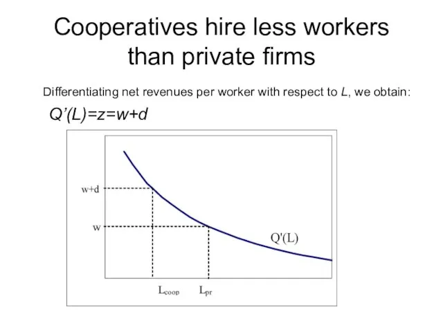 Cooperatives hire less workers than private firms Differentiating net revenues per worker