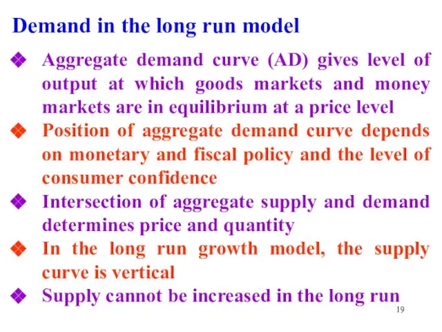 Demand in the long run model Aggregate demand curve (AD) gives level