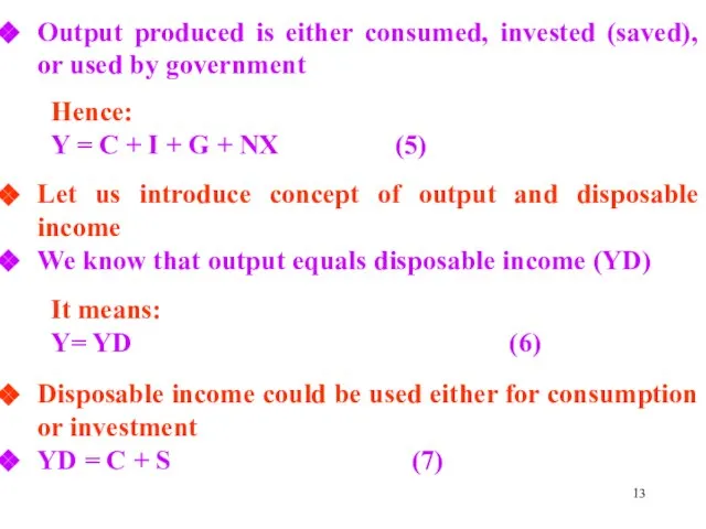 Output produced is either consumed, invested (saved), or used by government Hence: