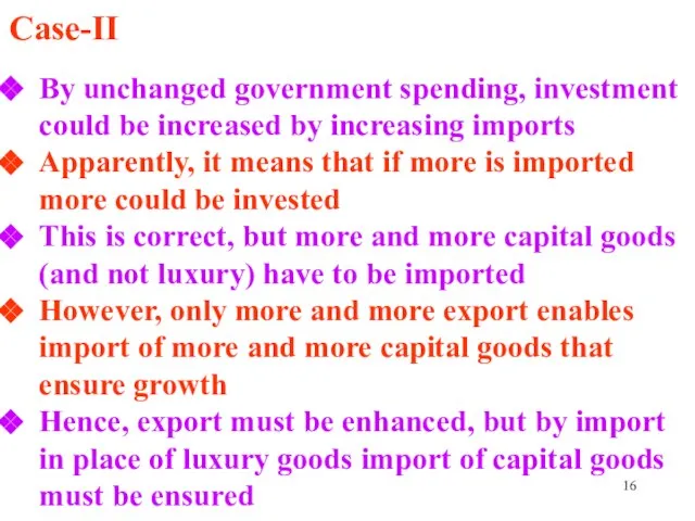 Case-II By unchanged government spending, investment could be increased by increasing imports