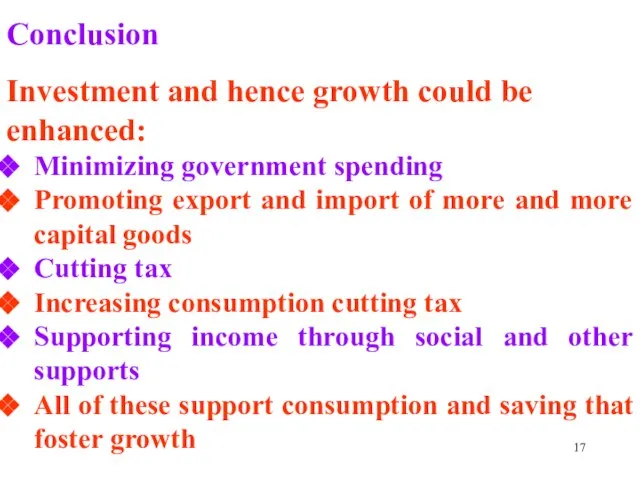 Conclusion Investment and hence growth could be enhanced: Minimizing government spending Promoting