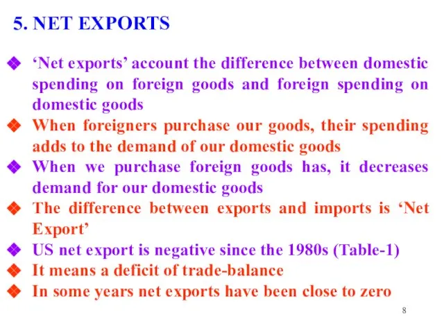 5. NET EXPORTS ‘Net exports’ account the difference between domestic spending on