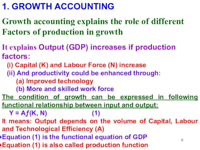 1. GROWTH ACCOUNTING Growth accounting explains the role of different Factors of