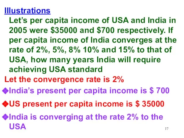 Illustrations Let’s per capita income of USA and India in 2005 were