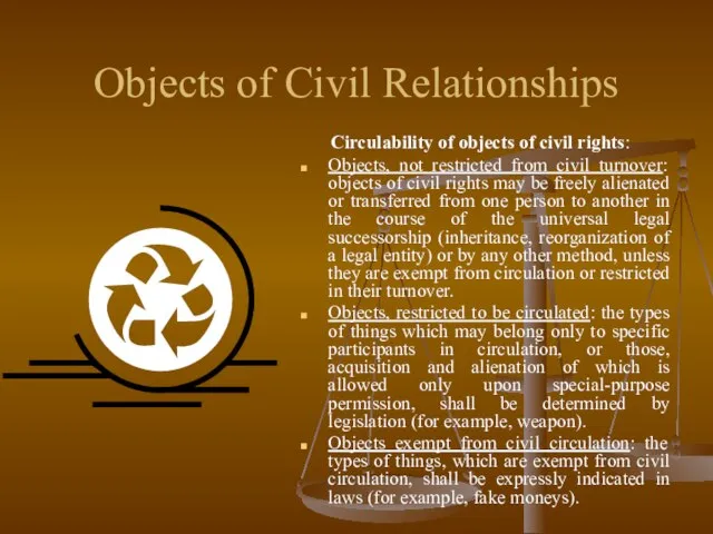 Objects of Civil Relationships Circulability of objects of civil rights: Objects, not