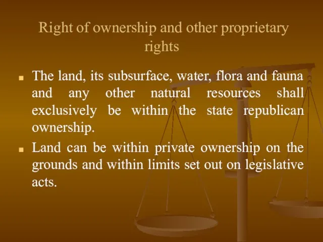 Right of ownership and other proprietary rights The land, its subsurface, water,