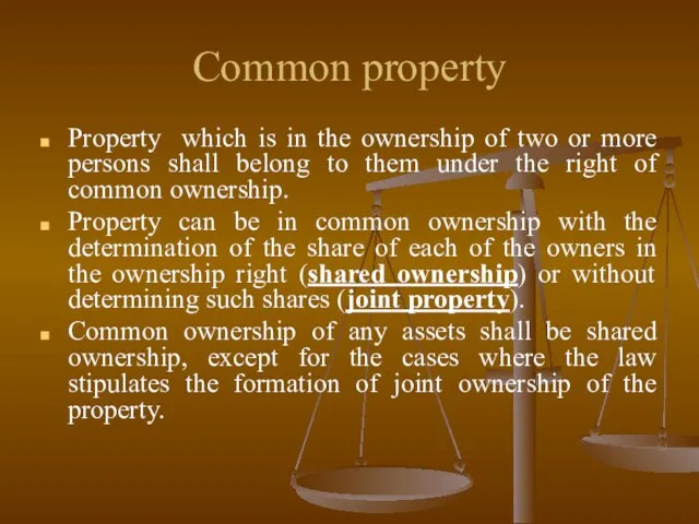 Common property Property which is in the ownership of two or more