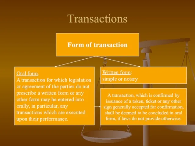 Transactions Form of transaction Oral form. A transaction for which legislation or