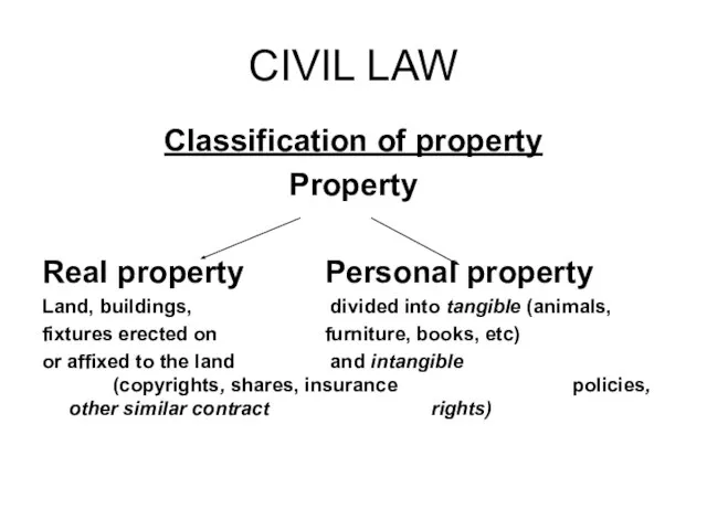 CIVIL LAW Classification of property Property Real property Personal property Land, buildings,