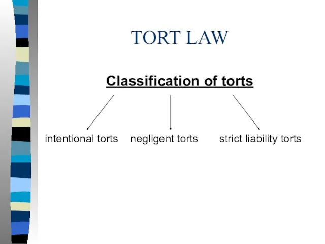 TORT LAW Classification of torts intentional torts negligent torts strict liability torts