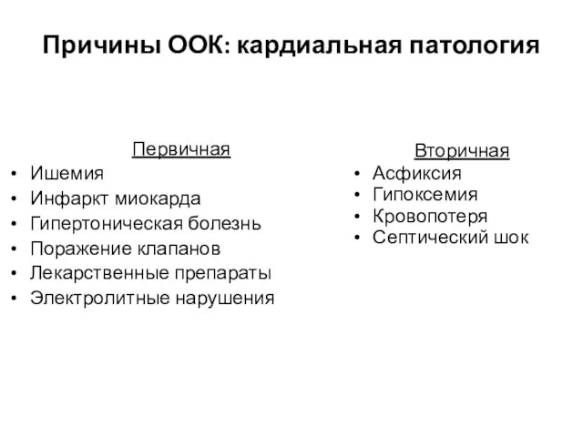 Первичная Ишемия Инфаркт миокарда Гипертоническая болезнь Поражение клапанов Лекарственные препараты Электролитные нарушения