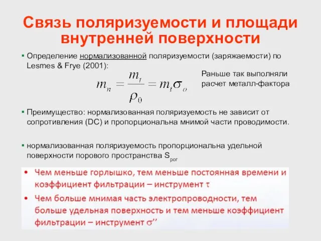 Связь поляризуемости и площади внутренней поверхности Определение нормализованной поляризуемости (заряжаемости) по Lesmes