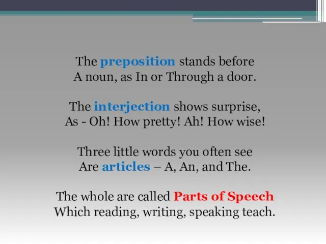 The preposition stands before A noun, as In or Through a door.