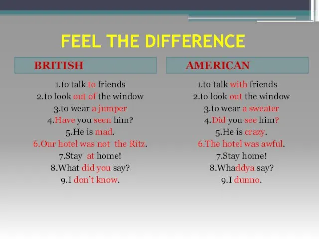 FEEL THE DIFFERENCE BRITISH AMERICAN 1.to talk to friends 2.to look out