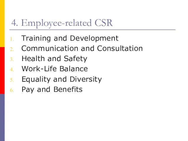 4. Employee-related CSR Training and Development Communication and Consultation Health and Safety