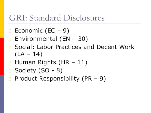 GRI: Standard Disclosures Economic (EC – 9) Environmental (EN – 30) Social: