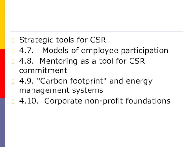 Strategic tools for CSR 4.7. Models of employee participation 4.8. Mentoring as