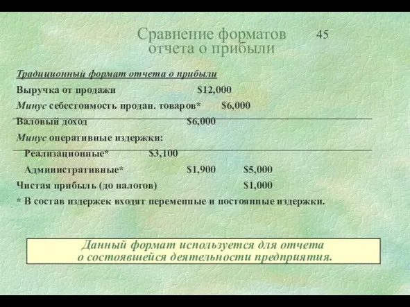 Сравнение форматов отчета о прибыли Традиционный формат отчета о прибыли Выручка от