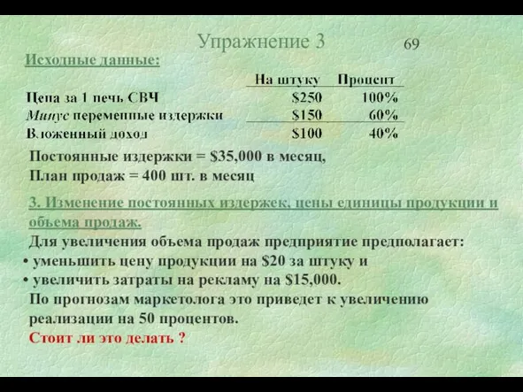 Постоянные издержки = $35,000 в месяц, План продаж = 400 шт. в