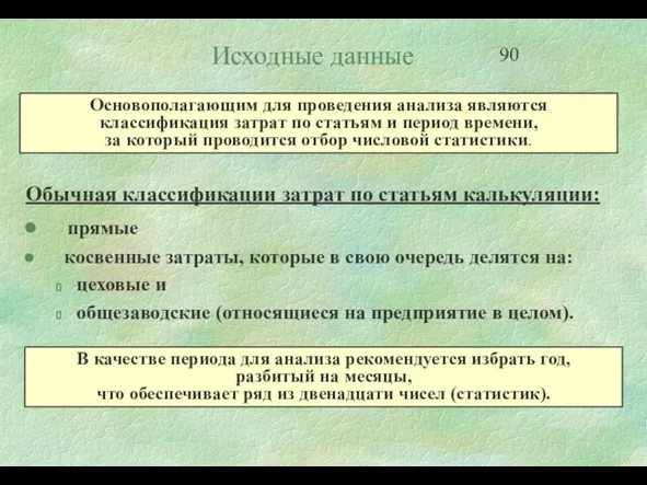 Исходные данные Обычная классификации затрат по статьям калькуляции: прямые косвенные затраты, которые