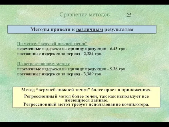 Сравнение методов По методу “верхней-нижней точки” переменные издержки на единицу продукции -