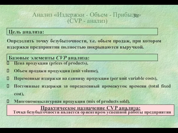 Анализ «Издержки - Объем - Прибыль» (CVP - анализ) Практическое назначение CVP