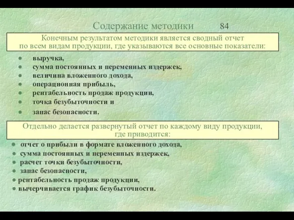 Содержание методики выручка, сумма постоянных и переменных издержек, величина вложенного дохода, операционная