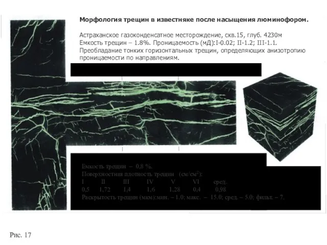 Рис. 17 Морфология трещин в известняке после насыщения люминофором. Астраханское газоконденсатное месторождение,