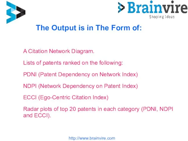 http://www.brainvire.com The Output is in The Form of: A Citation Network Diagram.