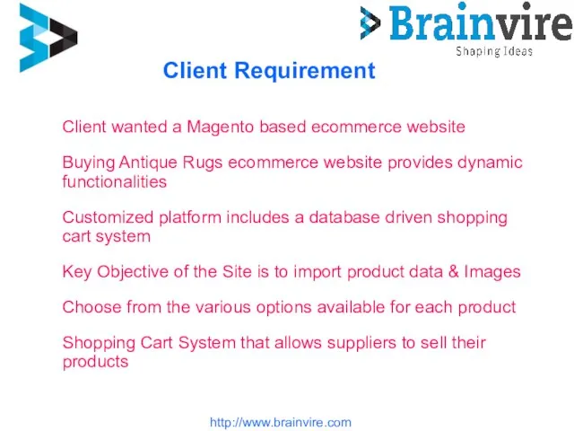 Client Requirement http://www.brainvire.com Client wanted a Magento based ecommerce website Buying Antique