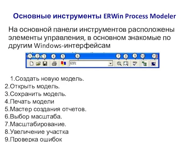 Основные инструменты ERWin Process Modeler На основной панели инструментов расположены элементы управления,