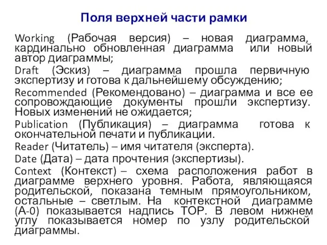 Поля верхней части рамки Working (Рабочая версия) – новая диаграмма, кардинально обновленная