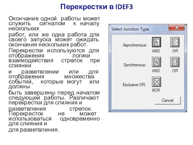 Перекрестки в IDEF3 Окончание одной работы может служить сигналом к началу нескольких