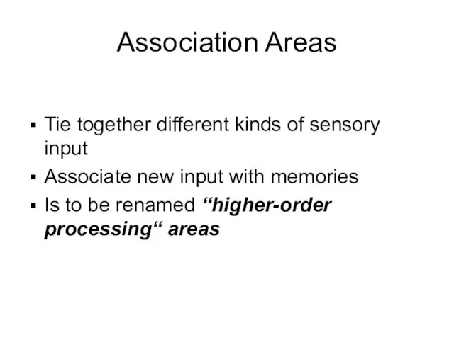 Association Areas Tie together different kinds of sensory input Associate new input