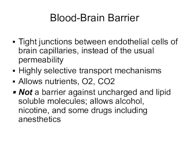 Blood-Brain Barrier Tight junctions between endothelial cells of brain capillaries, instead of