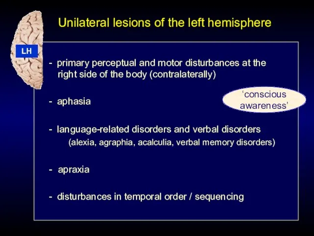 Unilateral lesions of the left hemisphere - primary perceptual and motor disturbances