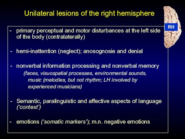 Unilateral lesions of the right hemisphere - primary perceptual and motor disturbances