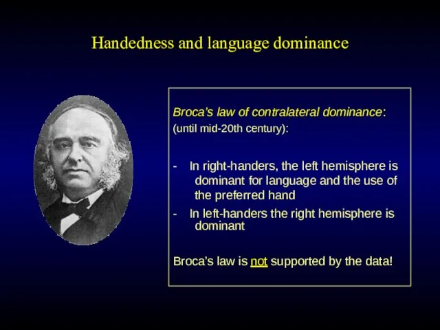 Handedness and language dominance Broca’s law of contralateral dominance: (until mid-20th century):