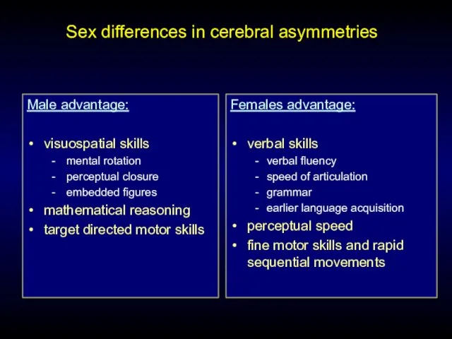 Sex differences in cerebral asymmetries Male advantage: visuospatial skills mental rotation perceptual