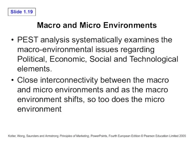 Macro and Micro Environments PEST analysis systematically examines the macro-environmental issues regarding