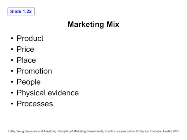 Marketing Mix Product Price Place Promotion People Physical evidence Processes