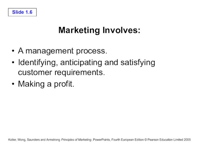 Marketing Involves: A management process. Identifying, anticipating and satisfying customer requirements. Making a profit.