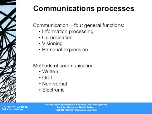 Communications processes Communication - four general functions: Information processing Co-ordination Visioning Personal