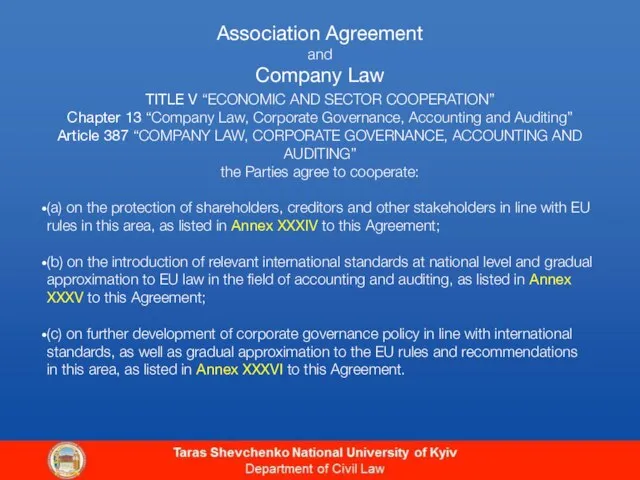 Association Agreement and Company Law TITLE V “ECONOMIC AND SECTOR COOPERATION” Chapter