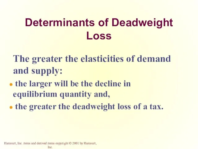 Determinants of Deadweight Loss The greater the elasticities of demand and supply:
